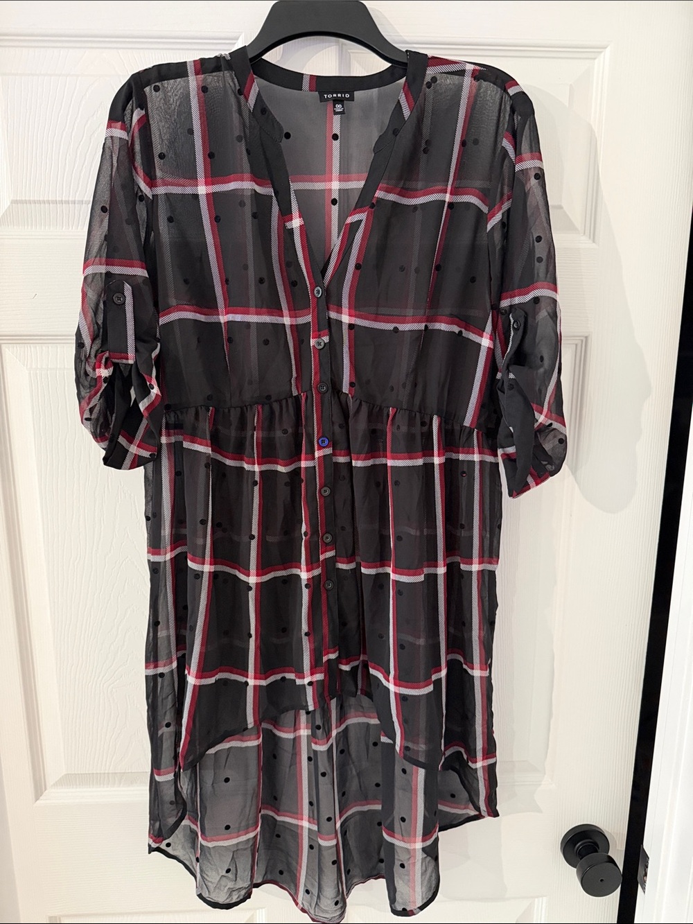 torrid Black Sheer Plaid Button-Front Tunic with Red & White Stripes